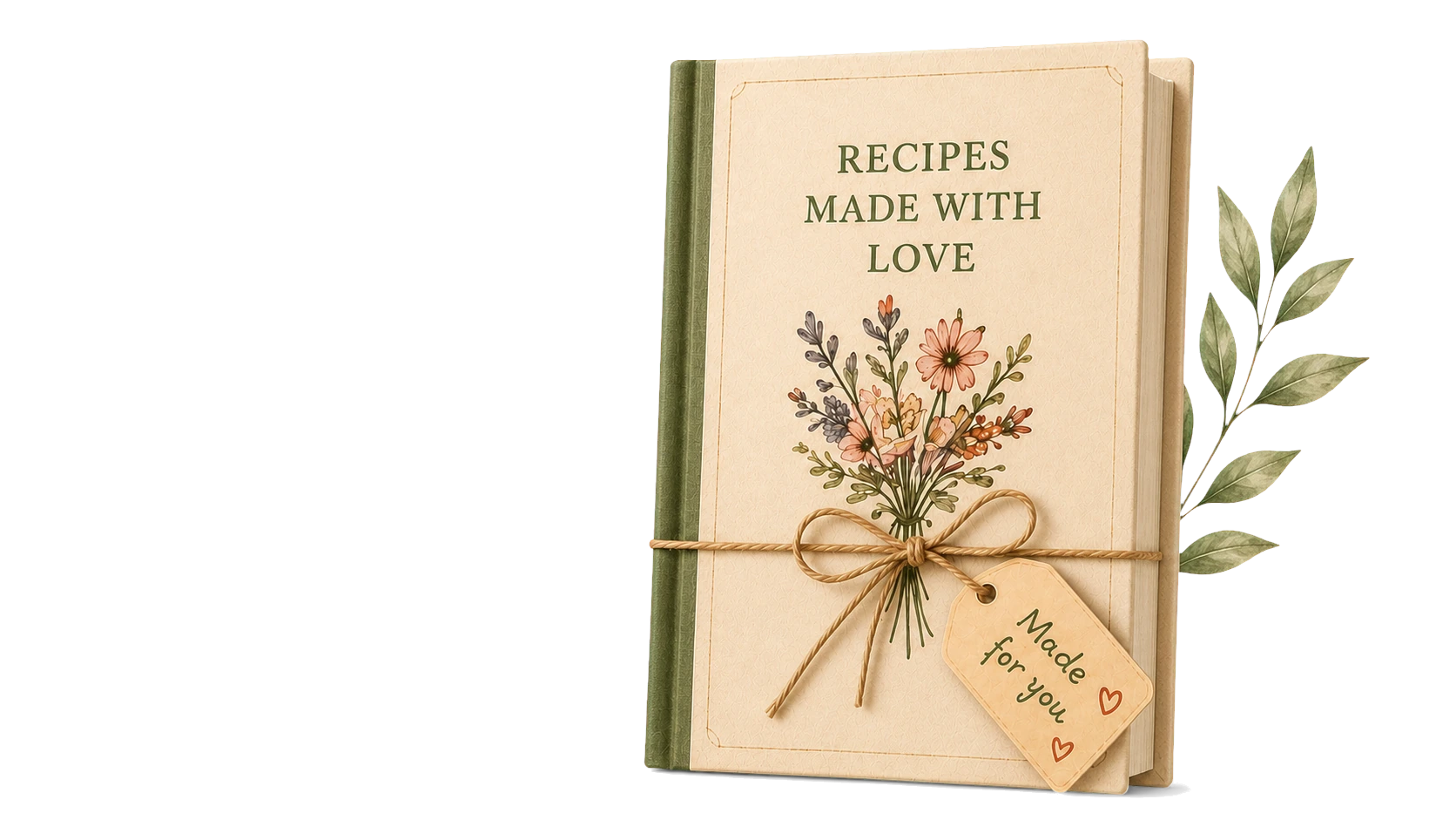 A muted cream and olive cookbook titled Recipes Made With Love, decorated with a botanical bouquet, twine and a Made for you gift tag