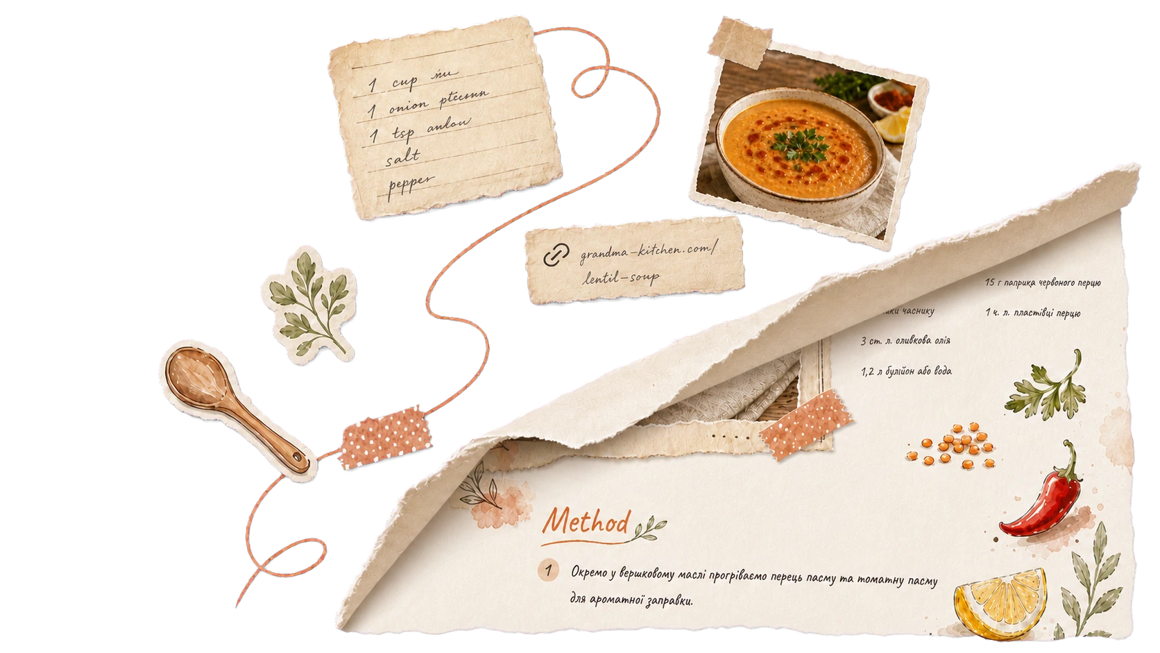 Torn recipe notes, a soup photograph and watercolor stickers becoming a partially revealed decorated recipe page