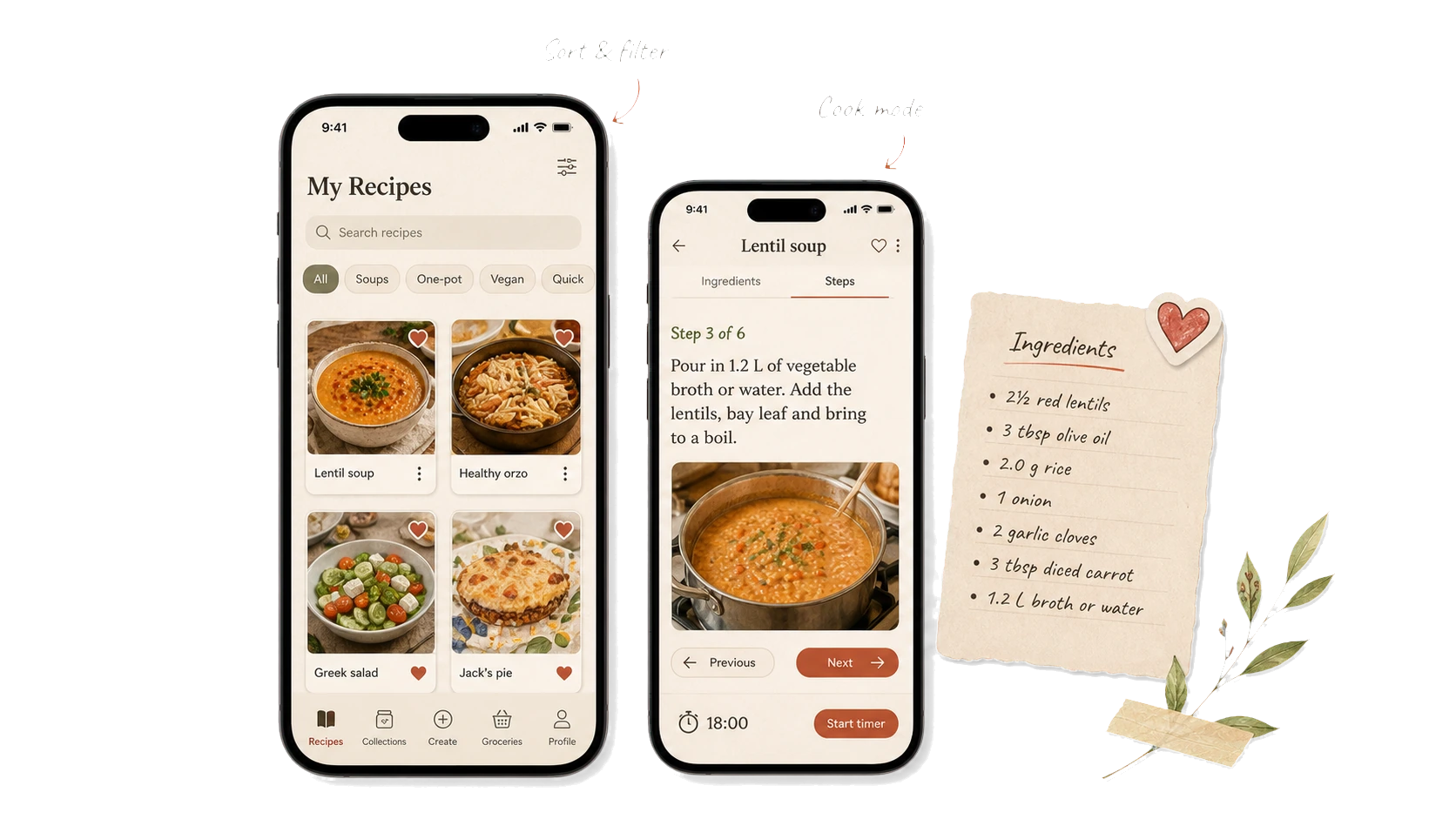 Spoon & Sketch recipe library with favorites and filters beside step-by-step lentil soup Cook Mode